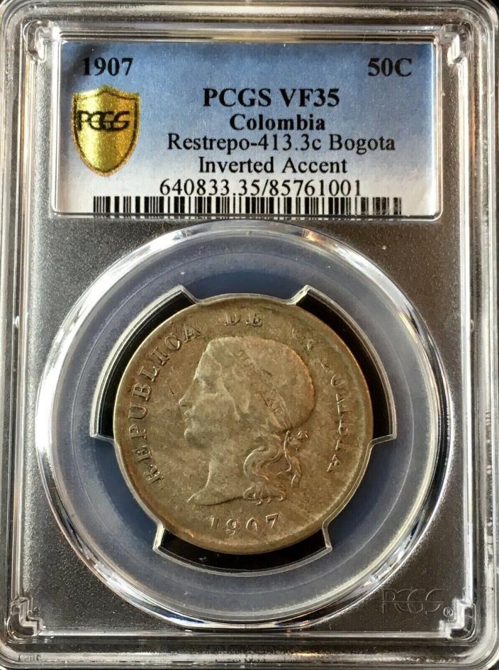SILVER REALES 50 CENTAVOS BOGOTA (Colombia) YEAR : 1907 NGC VF-35!!