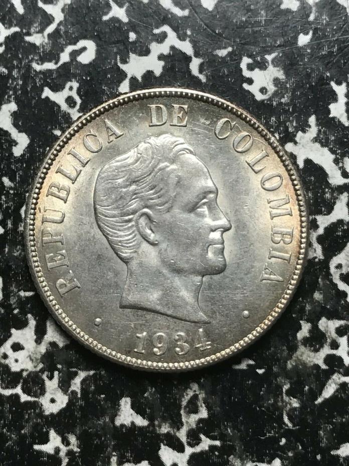 1934 Colombia 50 Centavos Lot#L2038 Silver! High Grade! Beautiful!