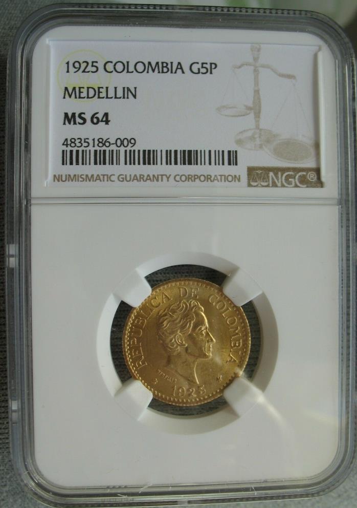 1925 Colombia-MEDELLIN Gold 5 Pesos NGC MS-64