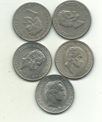 HIGH GRADE LOT OF 5 COLOMBIA 50 CENTAVOS COINS-1959,1961,1963,1966,1967-NOV198