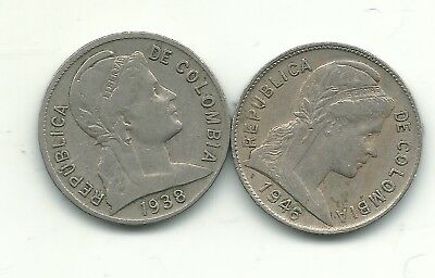 BETTER GRADE LOT 2 COLOMBIA TWO CENTAVOS COINS-1938,1946 (DIE CRACK)-NOV400