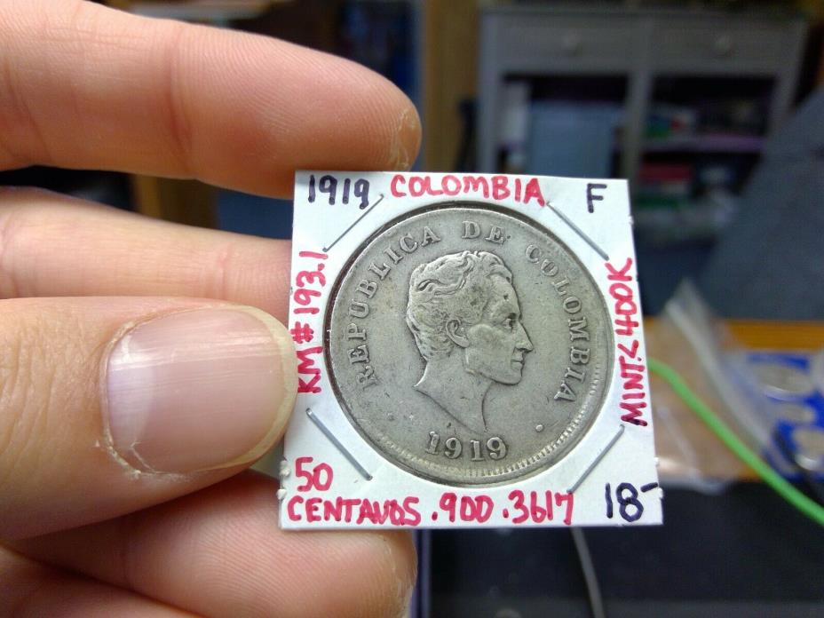 1919 Silver Columbia 50 Centavos Coin F XF ++++ Rare Low Mintage 400K
