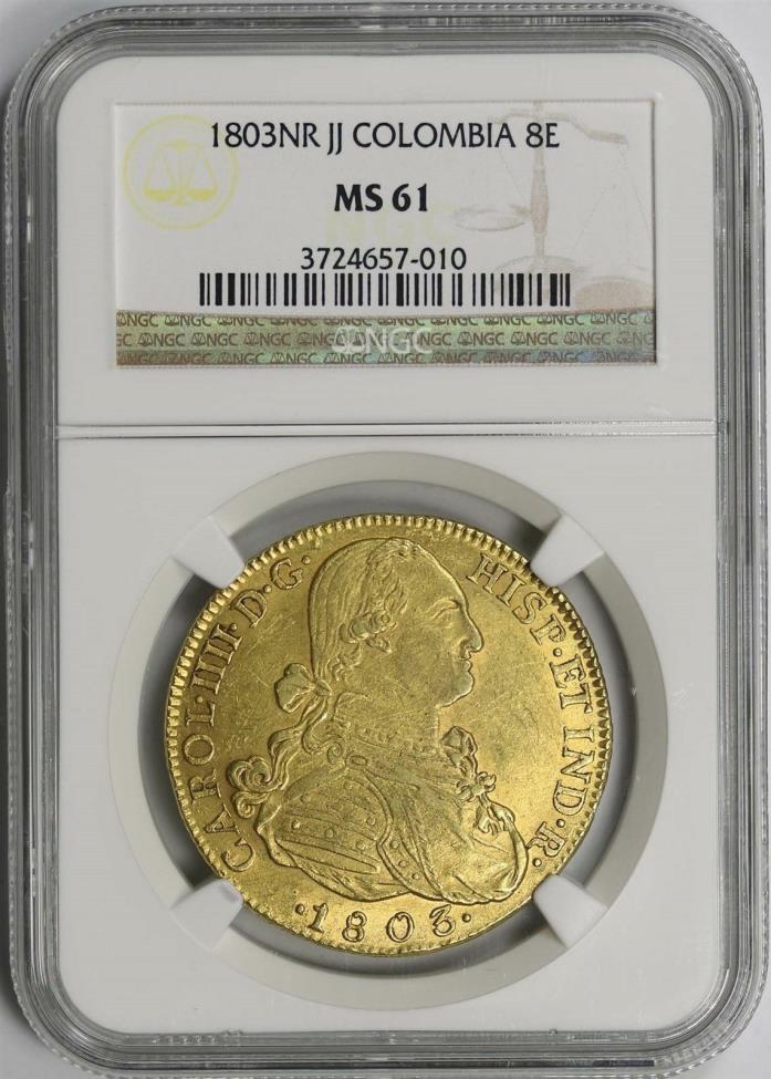 1803NR JJ Colombia Gold 8 Escudos 8E MS 61 NGC Pop=3/4