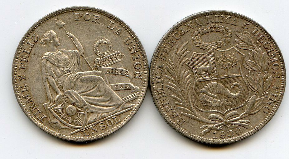 1930 Peru Un Sol Silver Sharp Details Silver Coin nice example