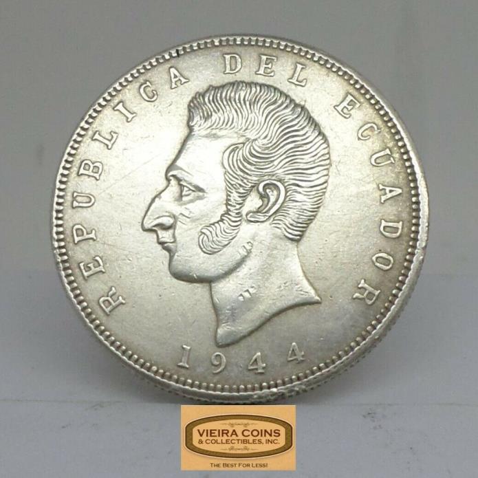 1944 Mo Mexico Ecuador  Silver Cinco Sucre, lei 0.720 Gram 25  -  #B13678