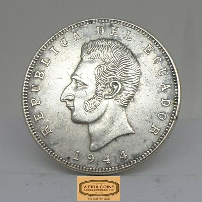 1944 Mo Mexico Ecuador  Silver Cinco Sucre, lei 0.720 Gram 25  -  #B13676