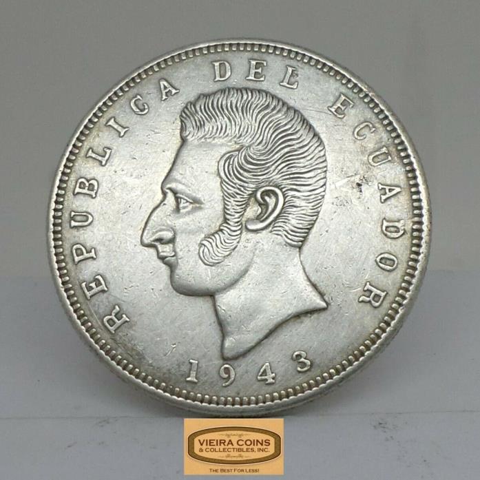 1943 Mo Mexico Ecuador  Silver Cinco Sucre, lei 0.720 Gram 25  -  #B13675