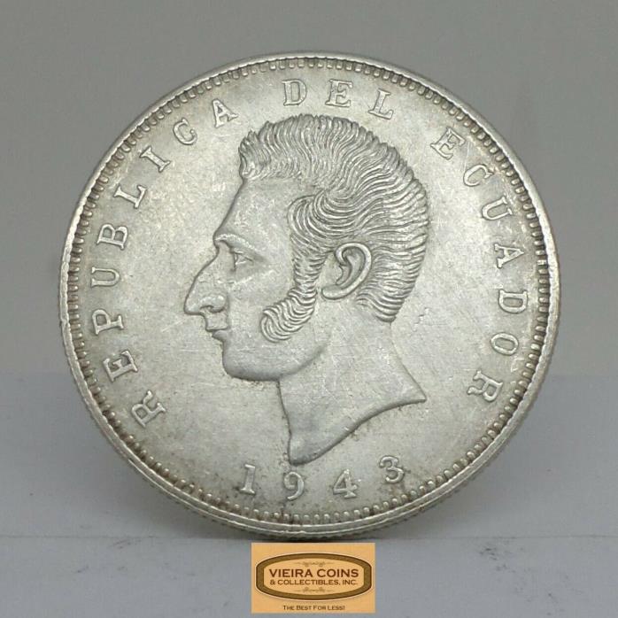 1943 Mo Mexico Ecuador  Silver Cinco Sucre, lei 0.720 Gram 25  -  #B13674