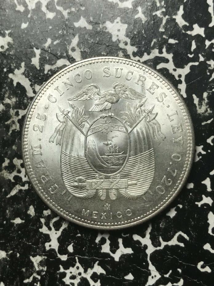 1943 Ecuador 5 Sucres Lot#L2550 Large Silver Coin! High Grade! Beautiful!