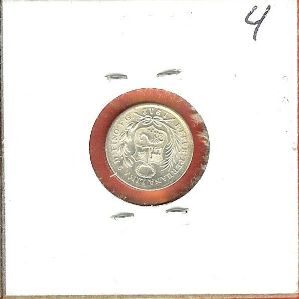 PERU REP 1/2 DINERO 1912FG VF #4 SILVER,SEATED LIBERTY FLANKED BY SHIELD & COL