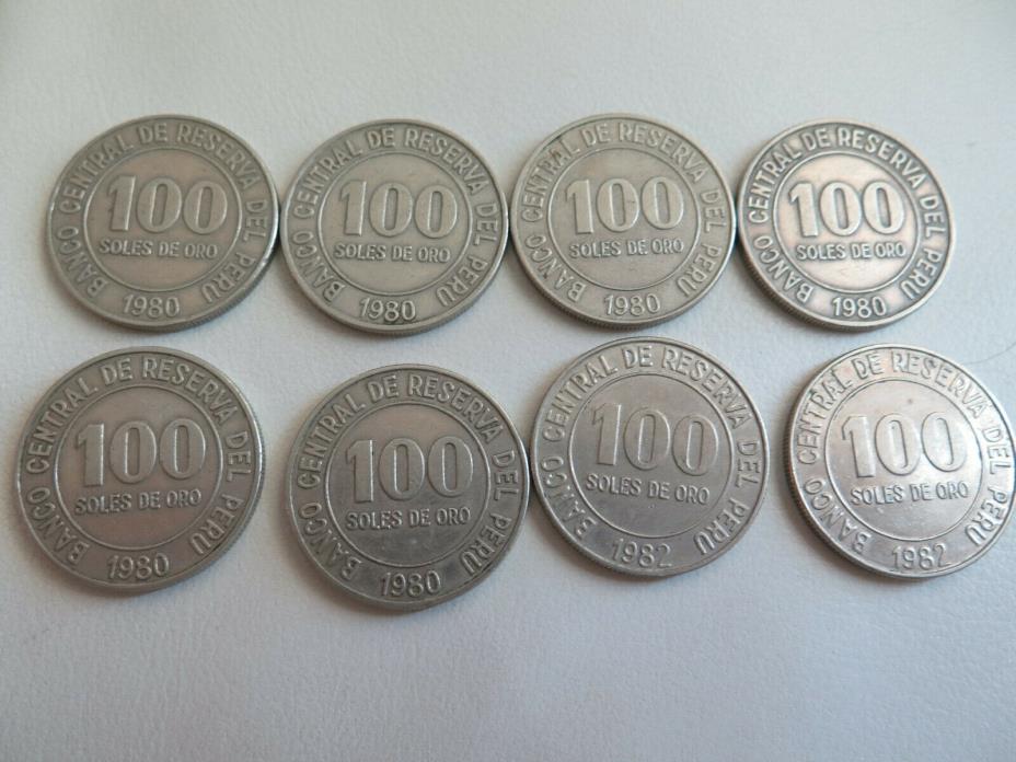 Lot of 8 COINS 1980 1982 PERU 100 SOLES DE ORO (#126)