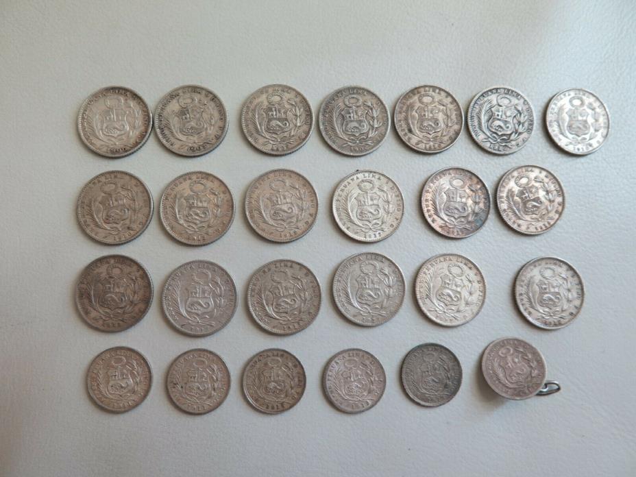 Lot of 25 silver coins 1900-1913 Lima Peru 1 one un 1/2 Dino silver coins (#125)