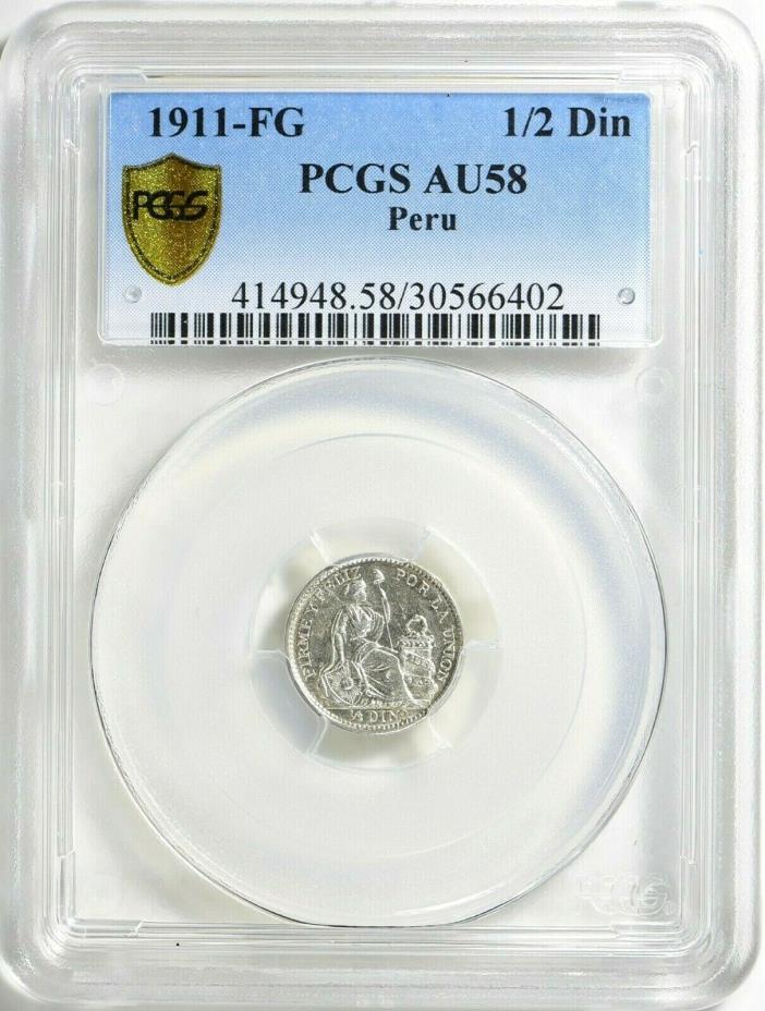 Peru 1911-FG Silver 1/2 Dinero KM#206.2 AU58 PCGS ... Gold Shield Holder