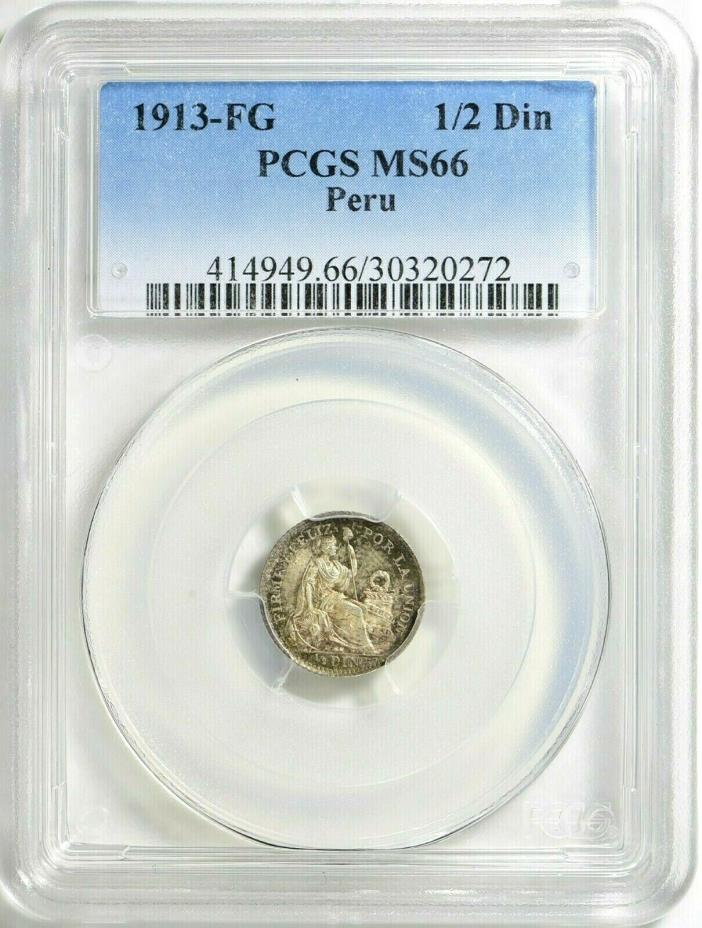 Peru 1913-FG Silver 1/2 Dinero KM#206.2 MS66 PCGS Toned ... Tied for Top Pop
