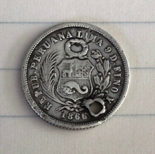 1866 Peru 1 Dinero Silver Coin - Holed
