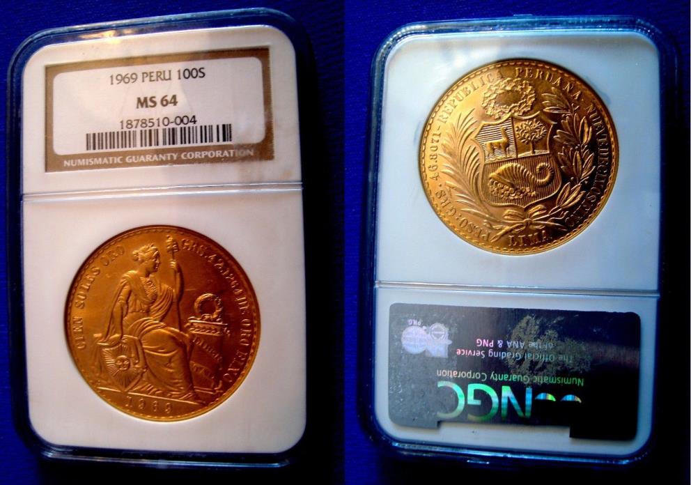 HUGE 1969 PERU 100 SOLE GOLD COIN MINTAGE 540 !! CERTIFIED MS64