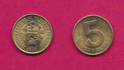 PERU REP 5 SOLES DE ORO 1980 AU NATIONAL ARMS WITHIN CIRCLE,VALUE,LIMA MONOGRAM