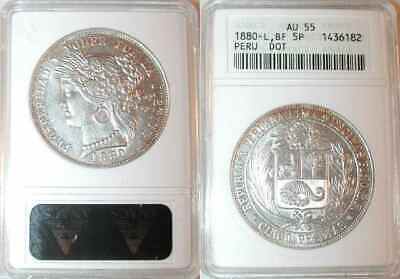 Lustrous 1880BF Large Size Peru Silver Coin Lima Mint Five Pesetas ANACS AU55