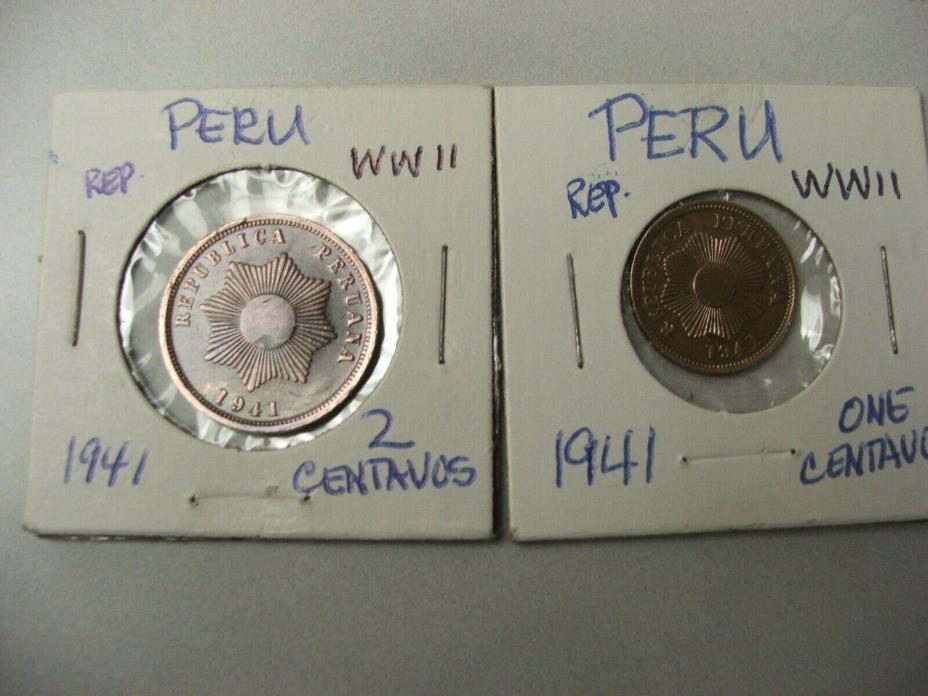 (2) PERU 1941 1 Centavo & 1941 2 Centavos- World War II coins-Beautiful bronze.