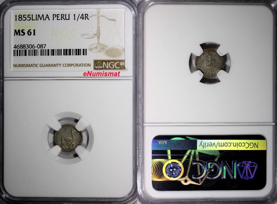 Peru Silver 1855 1/4 Real Lima Mint  NGC MS61  Llama KM143.1