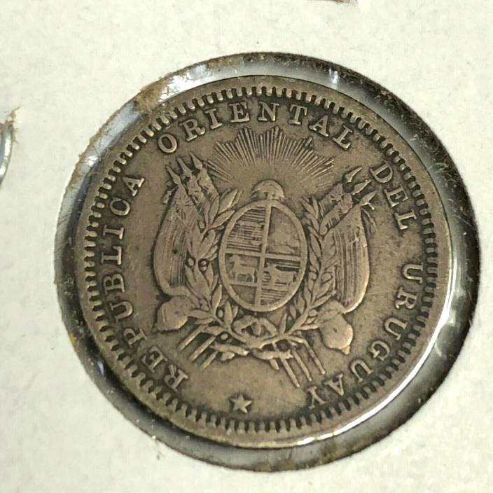 1893-S Uruguay 10 Centesimos silver coin KM#14, F+/VF