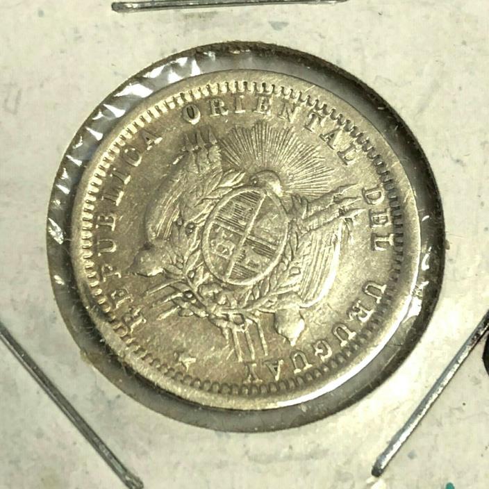 1893-S URUGUAY 10 CENTESIMOS silver coin, KM#14, VF