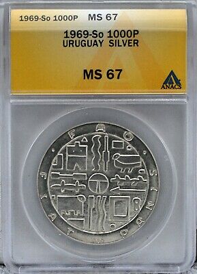 Uruguay 1969 1000 Peso Silver Crown Coin Certified by ANACS MS 67