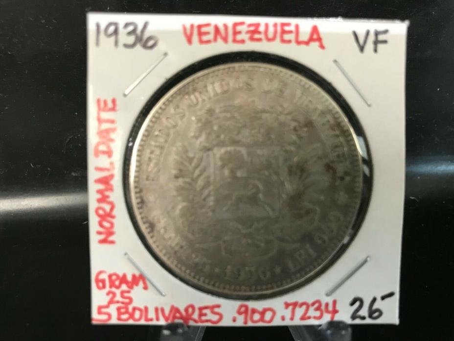 1936 Venezuela 5 Bolivare 25 Grams VF