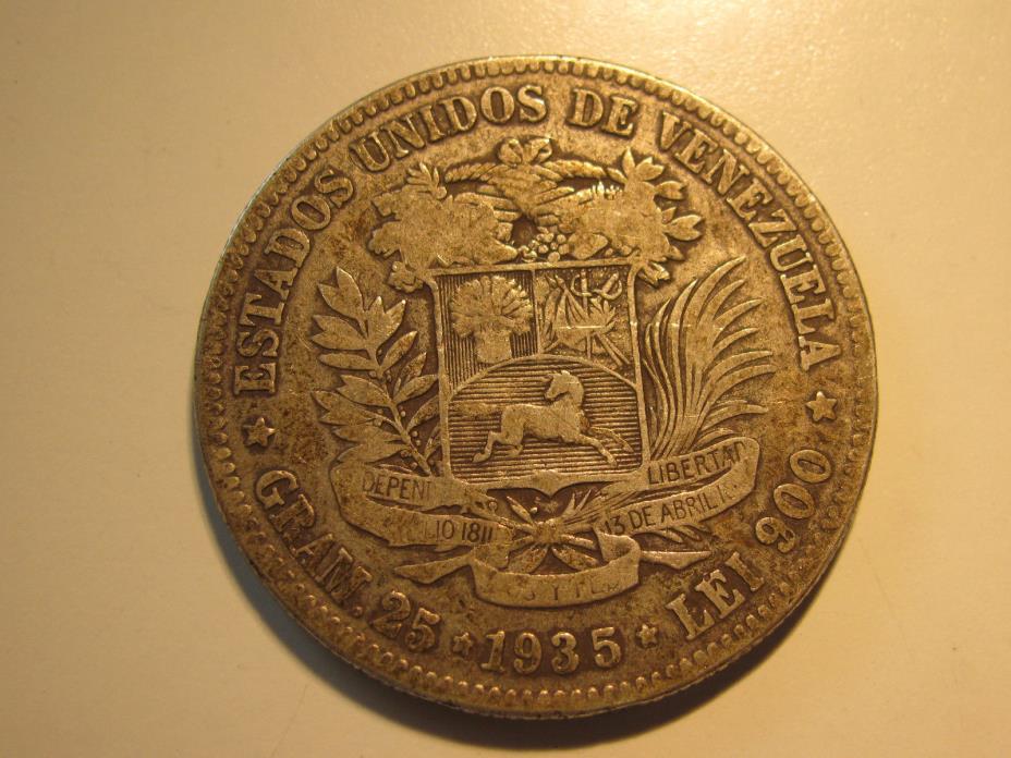 1935 Venezuela Bolivares 25 Grams ~ .900 Silver Coin