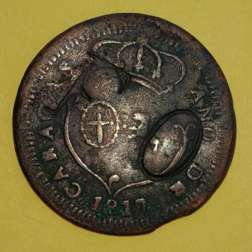 VENEZUELA CARACAS Copper 1/4 Real 1817 Small date, countermarked 