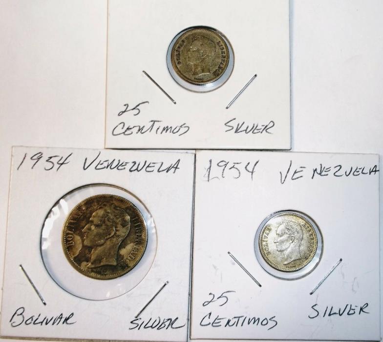 1946,1954 25 Centimos Venezuela 1- 1954 Bolivar Venezuela (3 Coins silver)
