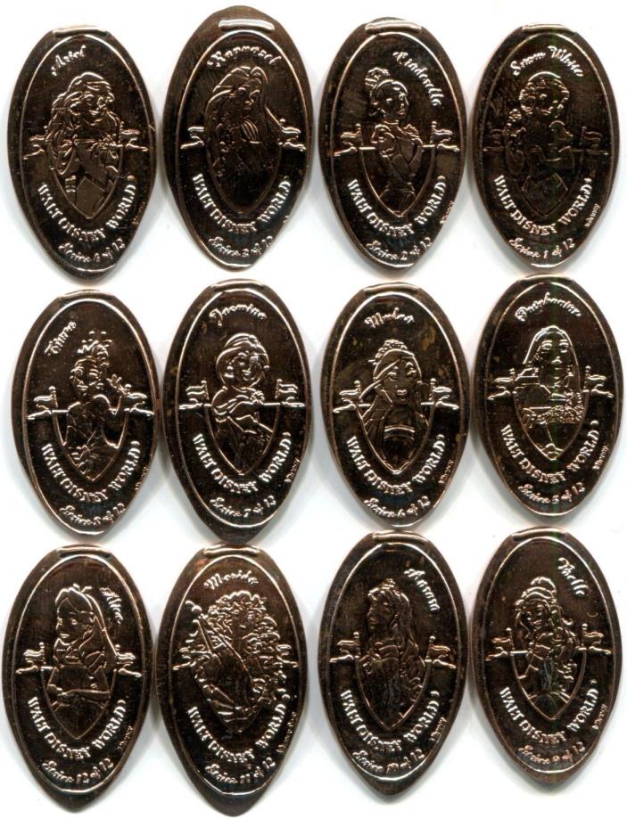 Disney Princess & Heroines Complete Set Of Twelve Souvenir Pressed Pennies