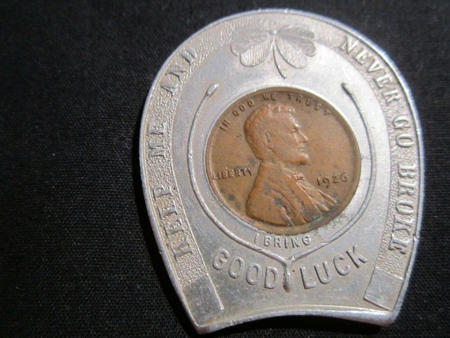 Encased Cent Good Luck Token Horseshoe Wheat Penny 1926