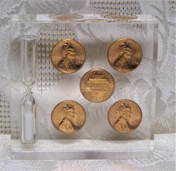 1974 Five LINCOLN PENNY Cents 3 Minute EGG TIMER Paperweight Clear Acrylic 3