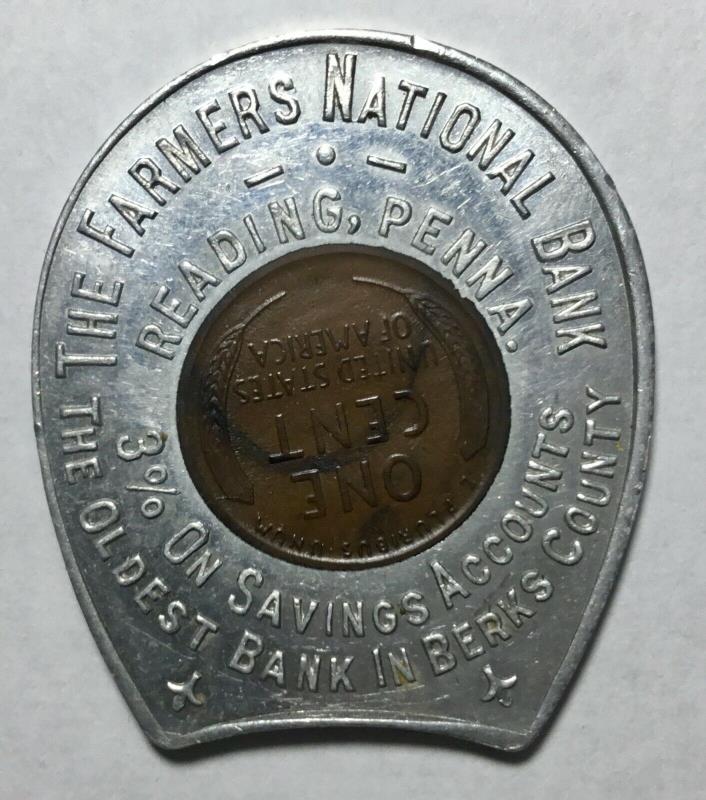 Farmers Natl Bank Reading PA 1923 Encased Cent Good Lucky Token Pennsylvania UNC