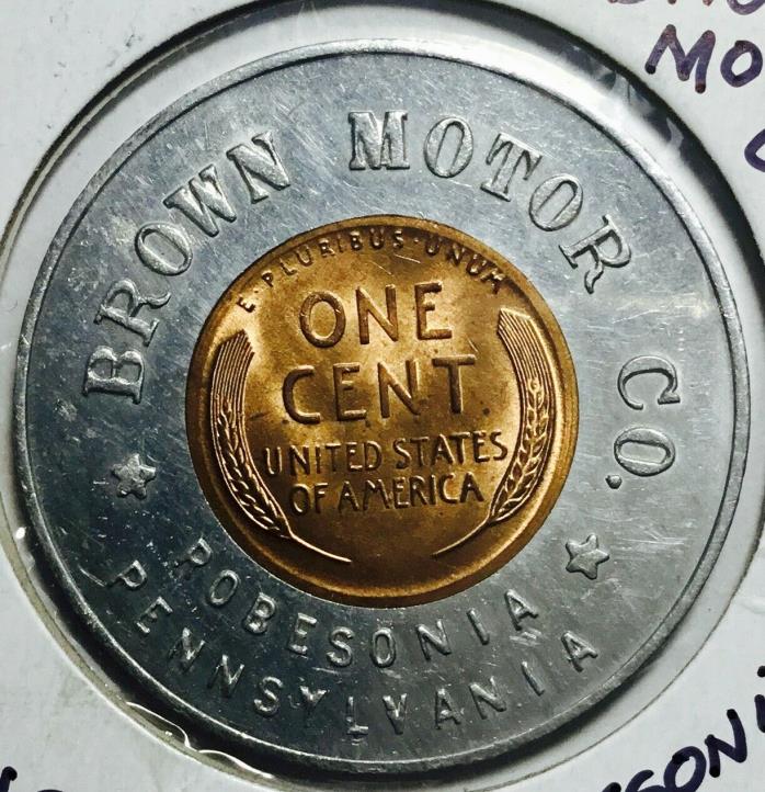 Brown Motor Co. Robesonia Pennsylvania 1948 Encased Cent Lucky Penny PA UNC