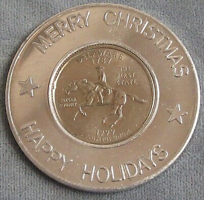 Encased 1999 Delaware State Quarter in Merry Christmas Happy Holidays