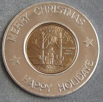 Encased 2001 Vermont State Quarter in Merry Christmas Happy Holidays
