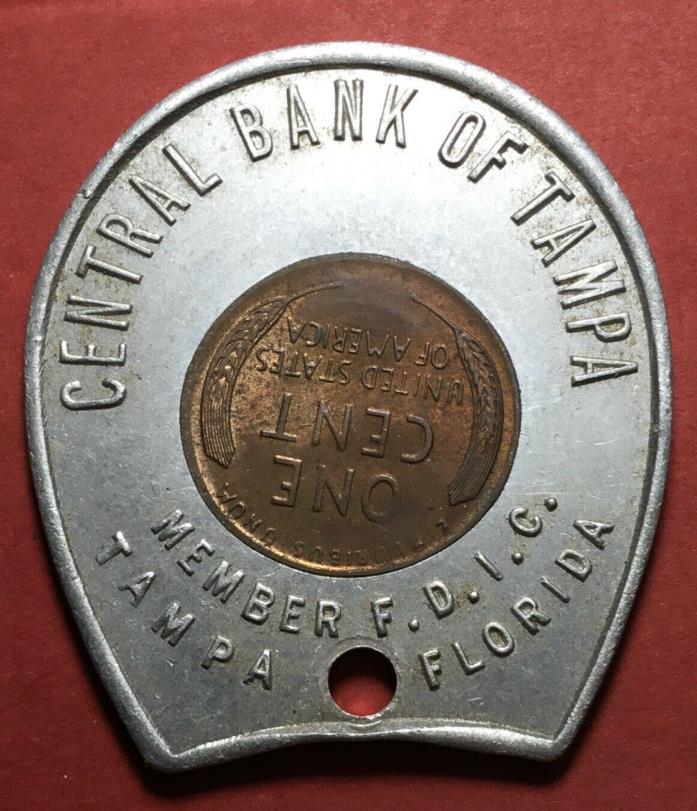 Central Bank of Tampa 1958-D Encased Cent Good Luck key Tag Fob Florida FL