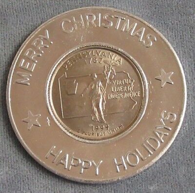 Encased 1999 Pennsylvania State Quarter in Merry Christmas Happy Holidays