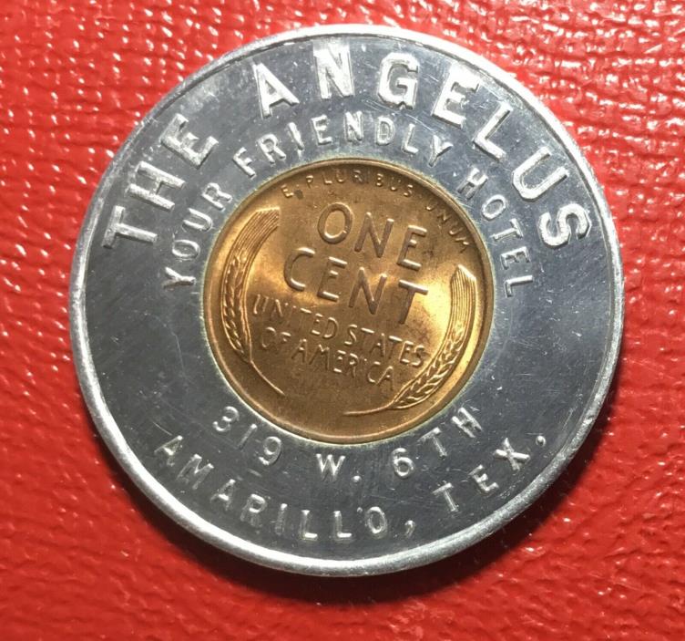 Angelus Hotel Amarillo Texas 1953-D Encased Cent Good Luck Token TX Gem UNC
