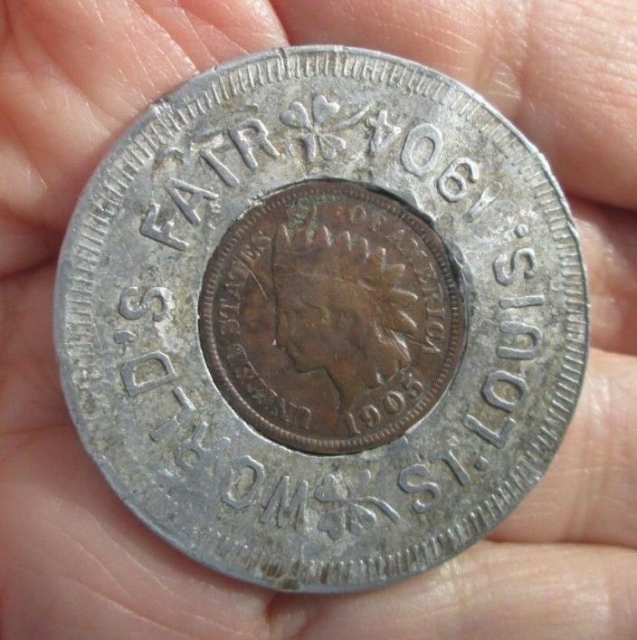 ENCASED INDIAN HEAD PENNY ST. LOUIS WORLD'S FAIR 1904 WITH 1905 COIN