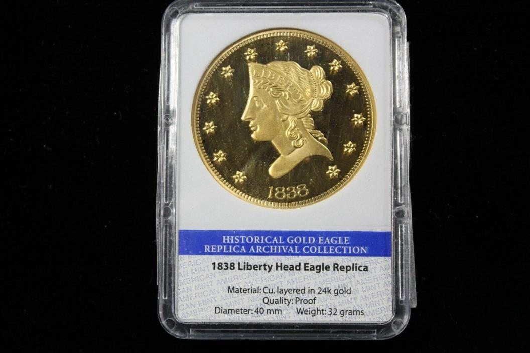 1838 $10 GOLD LIBERTY HEAD EAGLE FANTASY COIN, LAYERED 24K GOLD, NOT REAL COIN,