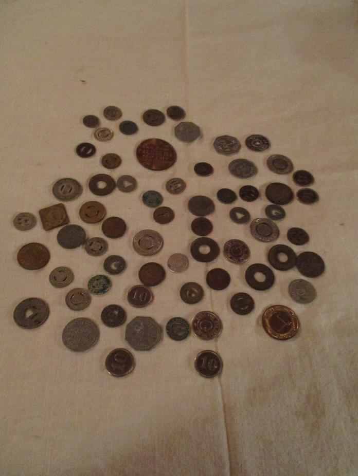 Vintage Lot of 63 Misc. Tokens ,Transportation, luxury, drink, milk,,Etc.