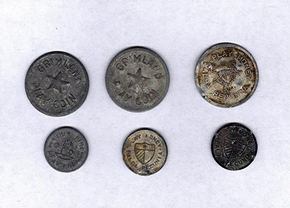6 VINTAGE-TOKENS-COINS-PLAY MONEY