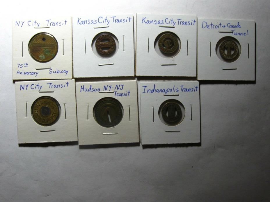 7 Different Transit Tokens - Detroit Tunnel, Hudson, Indy, KC, NY, ++ - #5044-50