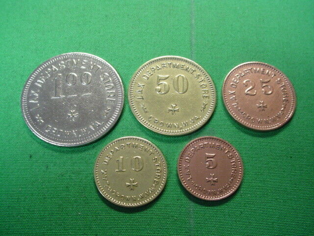 WV Coal Scrip Tokens 5 Pc Set-Lax Department Store-Crown-WV-Logan County