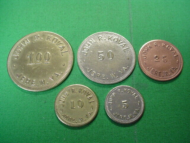 West Virginia Coal Scrip Tokens 5 Pc Set John R. Koval-Jere-WV-Monongalia County