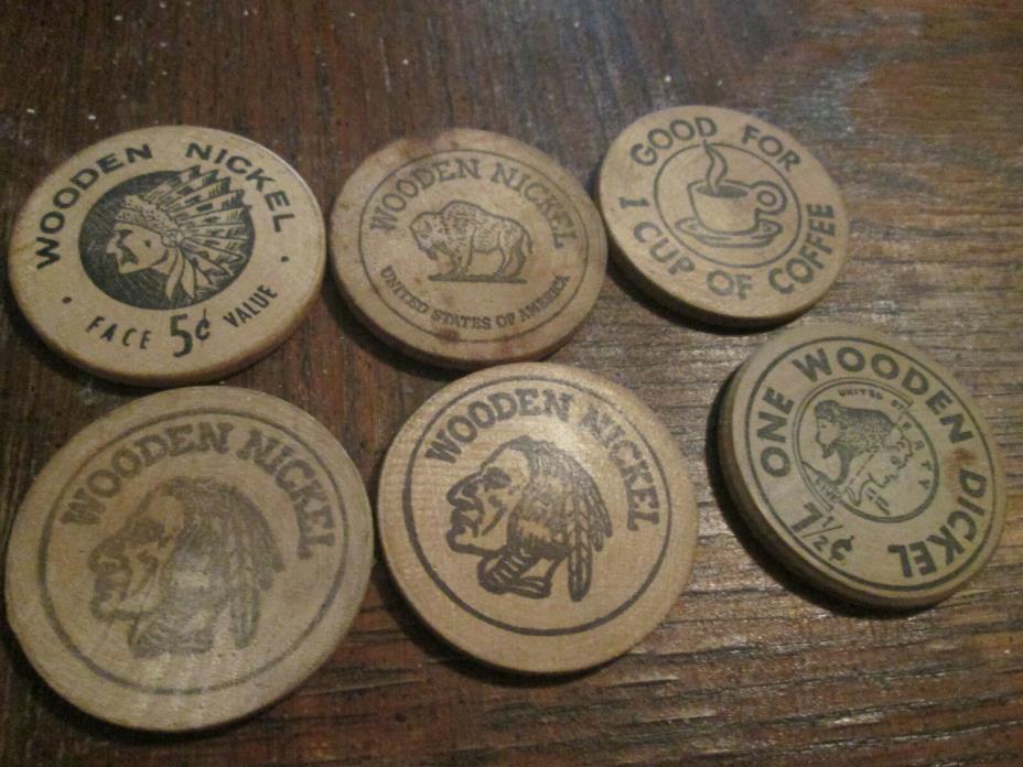5-wooden nickels & 1-wooden dickel (7 1/2 cent) restaurant/campaign/reunion ++
