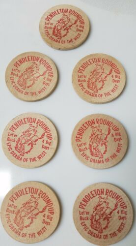 BUY IT NOW(7) VTG.PENDLETON RODEO ROUND UP WOODEN NICKEL HAPPY CANYON PAGEANT